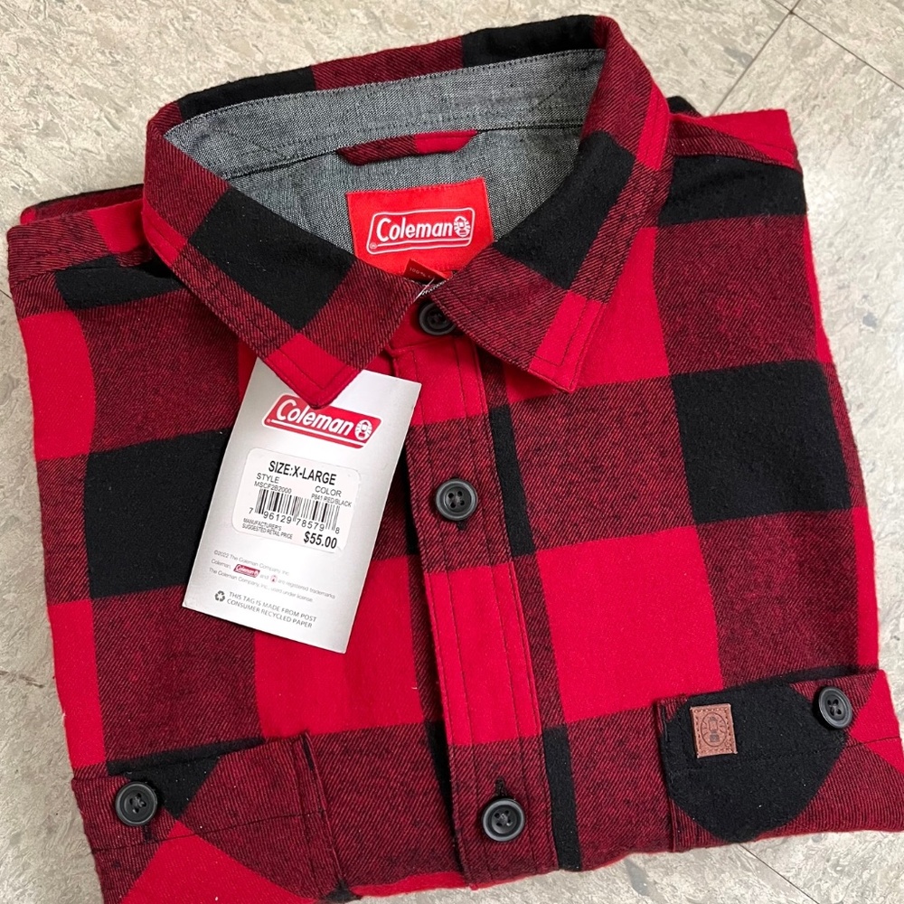 Coleman Men's XL Plaid Flannel Long Sleeve Shirt Red & Black NWT